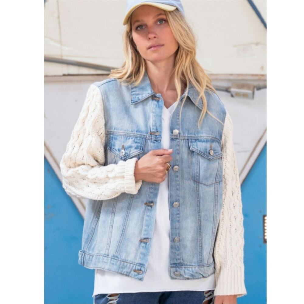POL sweater sleeve denim jacket blue cream small - Picture 2 of 5